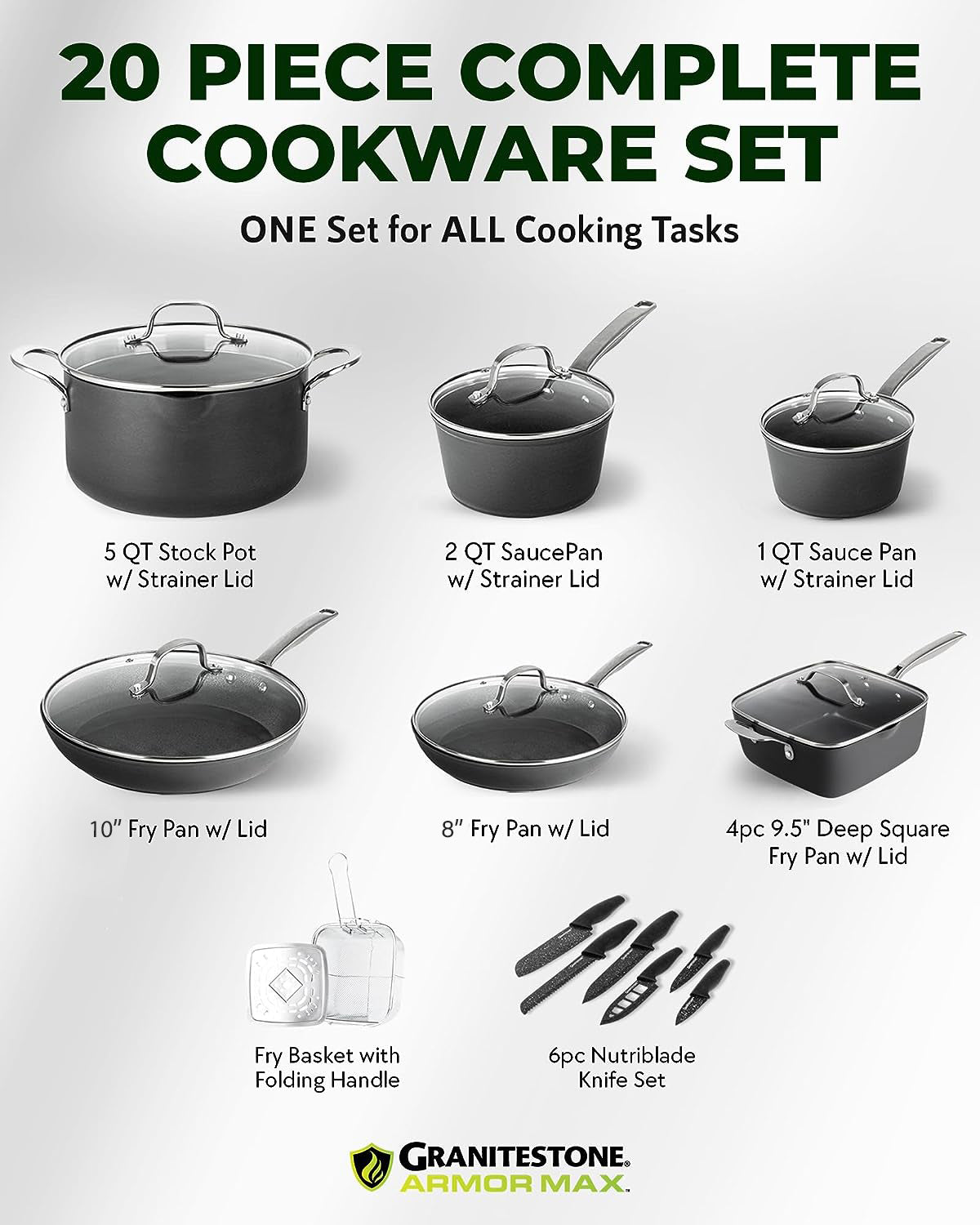 Granitestone ArmorMax 20 Piece Induction Hard Anodized Cookware Set and Knives Set