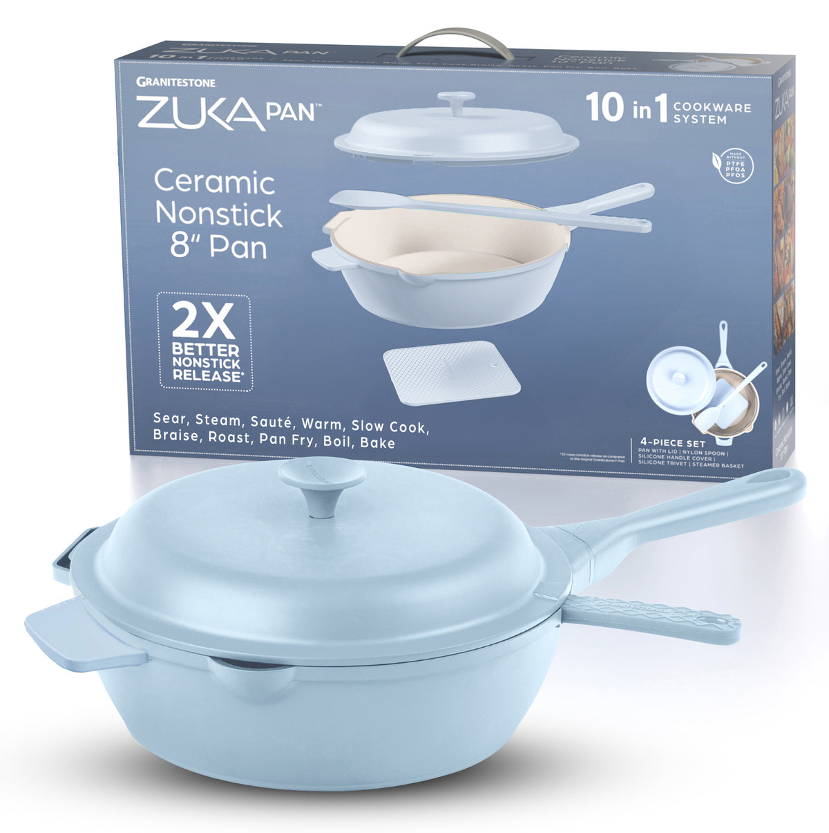 Granitestone 8" Zuka Pan – 4-Piece Multi-Functional Everyday Pan Set with Lid, & Nylon Spoon