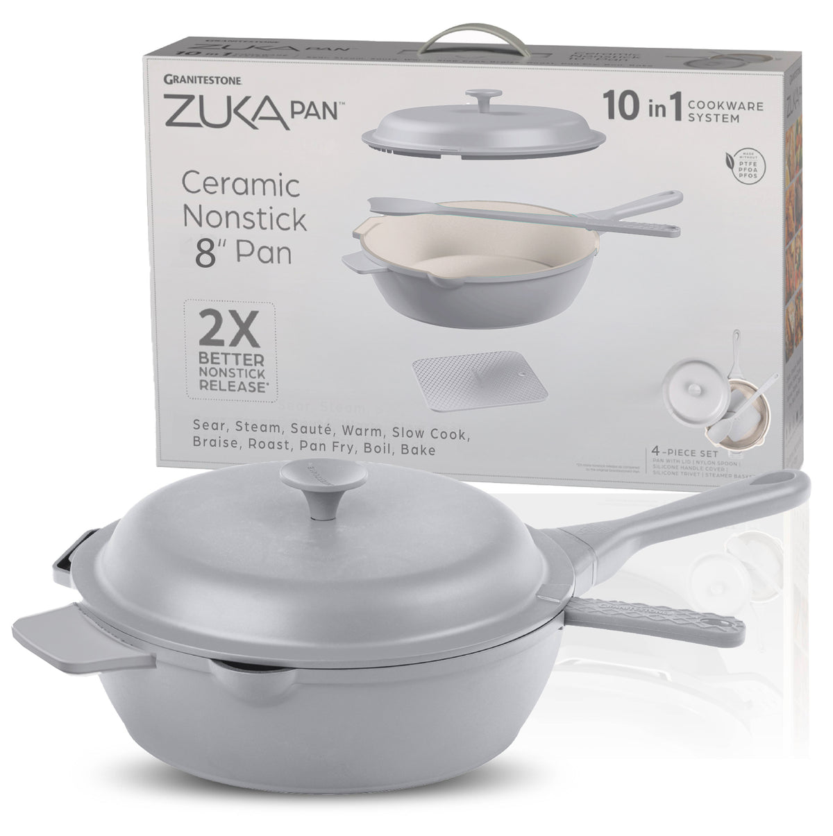 Granitestone 8" Zuka Pan – 4-Piece Multi-Functional Everyday Pan Set with Lid, & Nylon Spoon