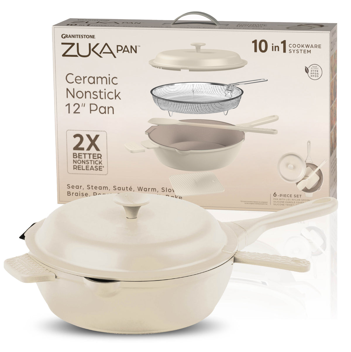 Granitestone 12" Zuka Pan – 6-Piece Multi-Functional Everyday Pan Set with Lid, Nylon Spoon & Steamer Basket