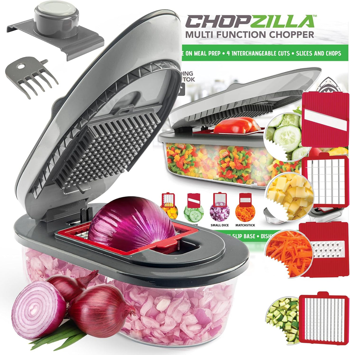Chopzilla All-in-1 Vegetable Chopper & Mandoline Slicer with Container, 4 Blades & Scraper – Sharp Veggie Cutter, Salad Dicer & Food Chopper