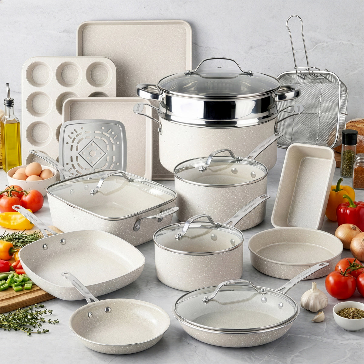 Granitestone Ceraluxe cookware set in a bright kitchen