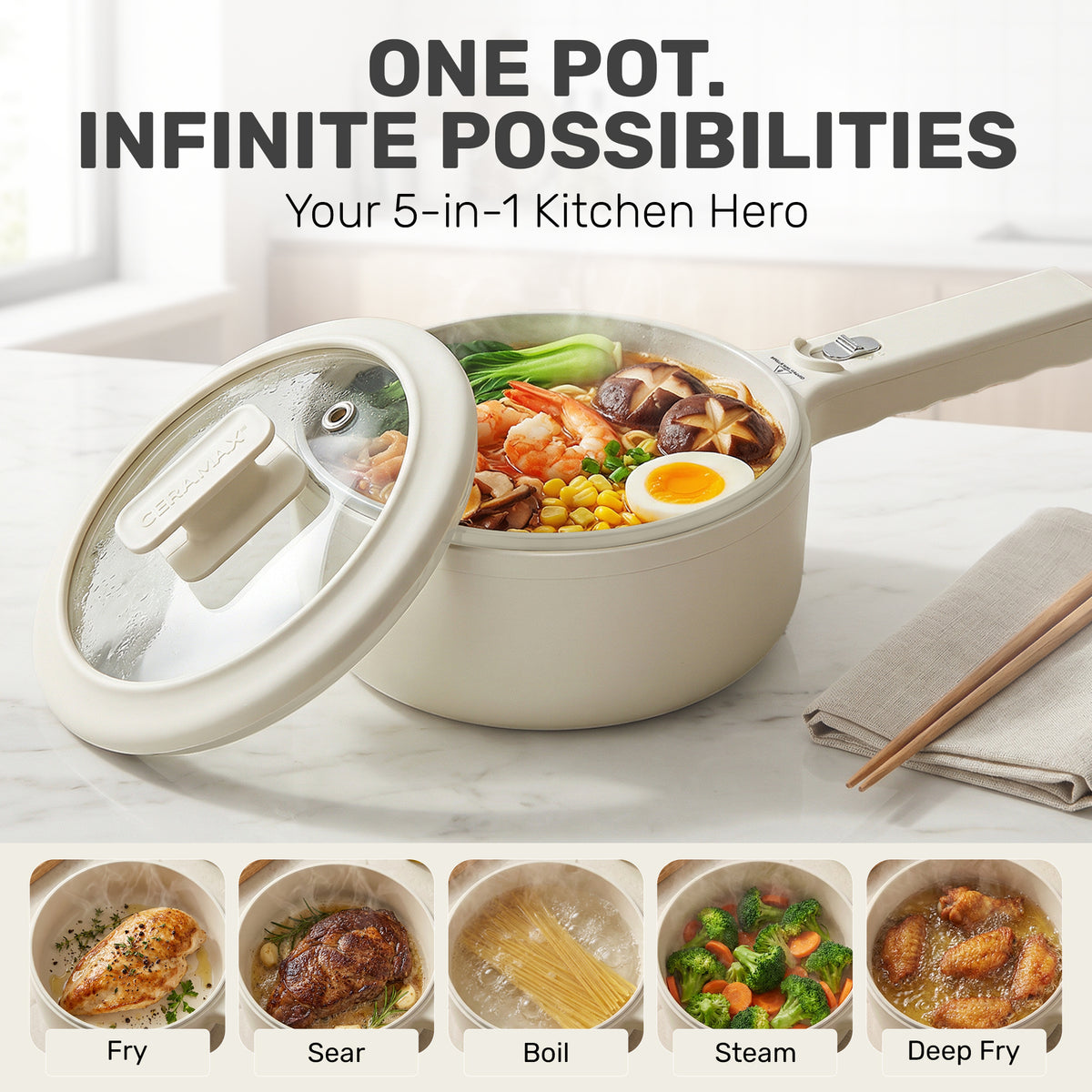 Ceramax Electric Cooker Nonstick Ceramic Skillet Pan Hot Pot Mini Cooker with Lid Steamer