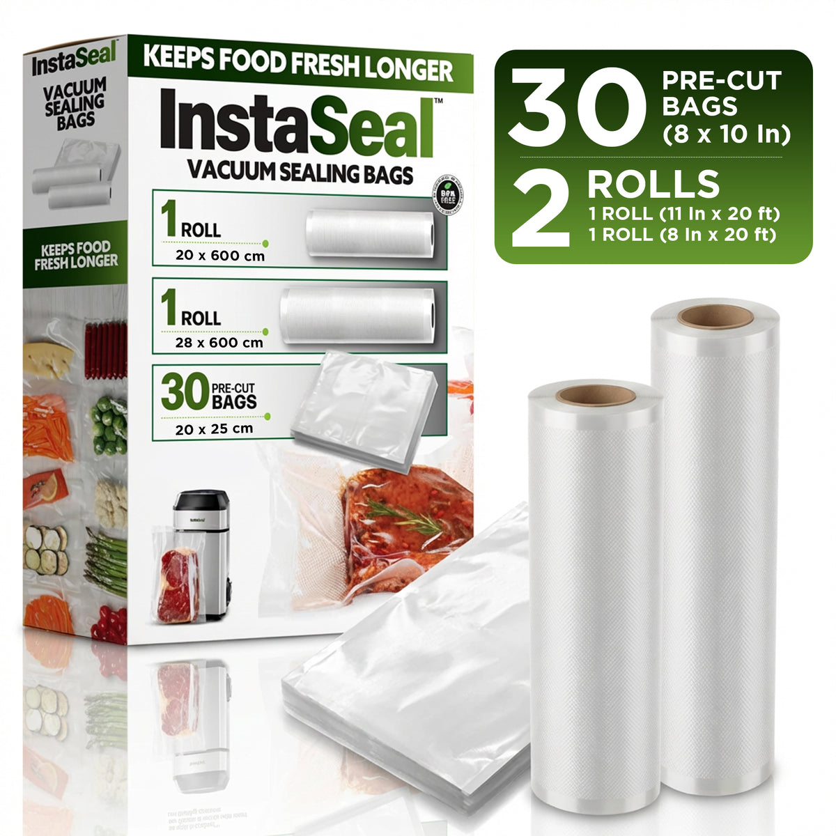 InstaSeal Vacuum Sealing Bags – Replacement Rolls & Pre-Cut Bags for Food Storage