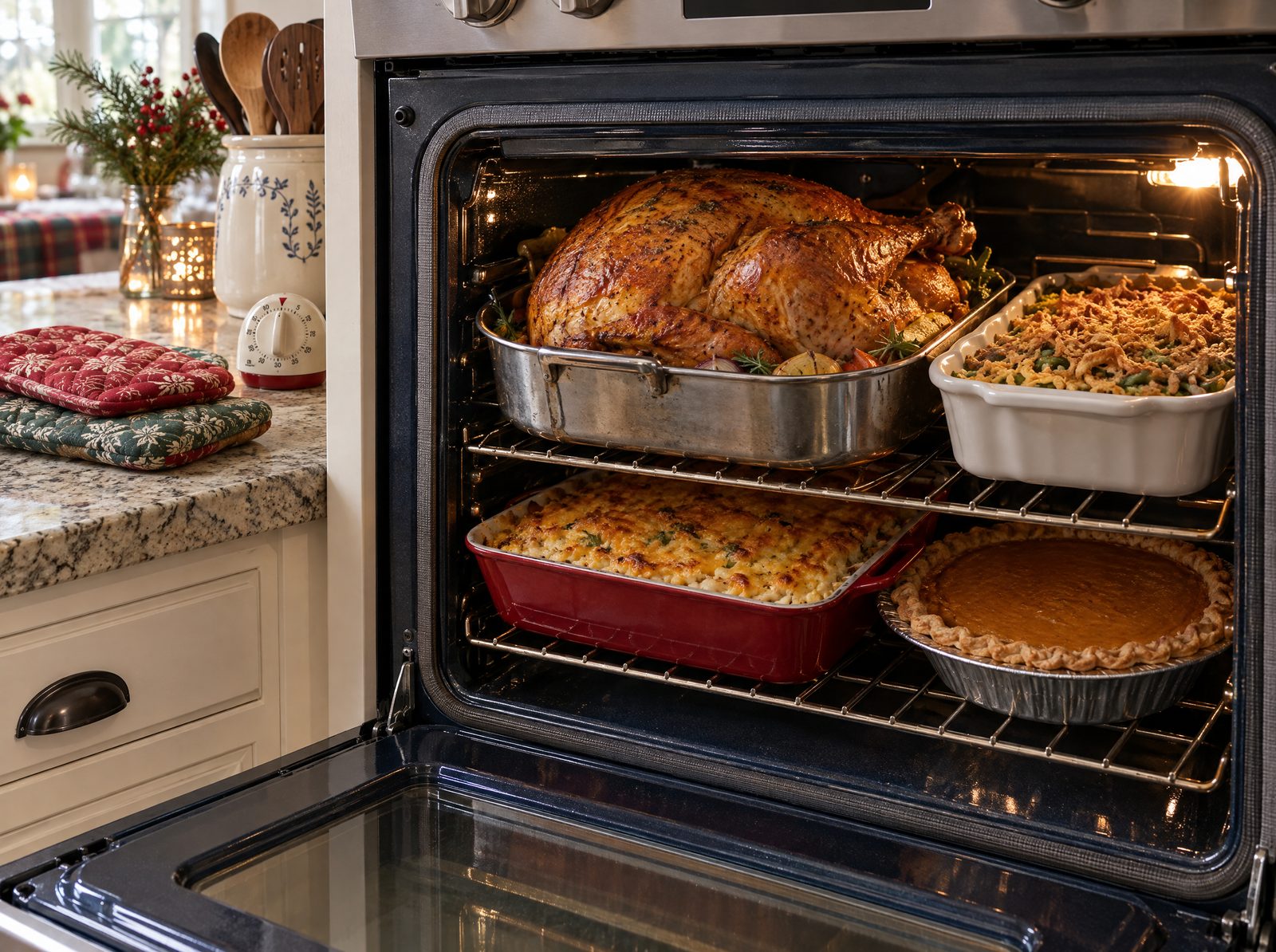 A home oven crammed full on a holiday
