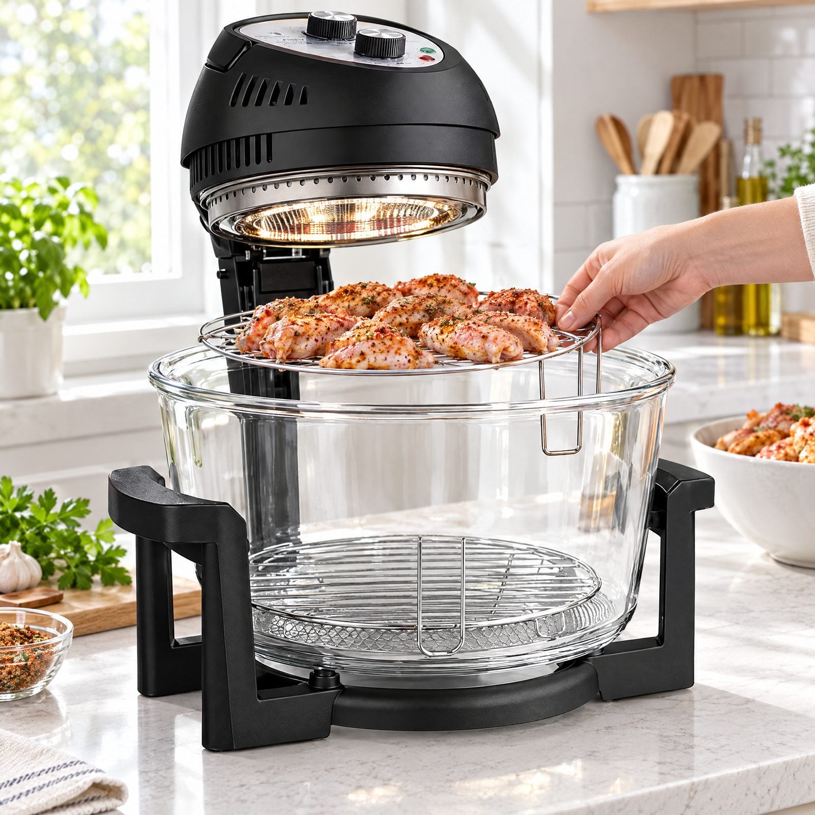 Lowering a rack of chicken into the glass bowl