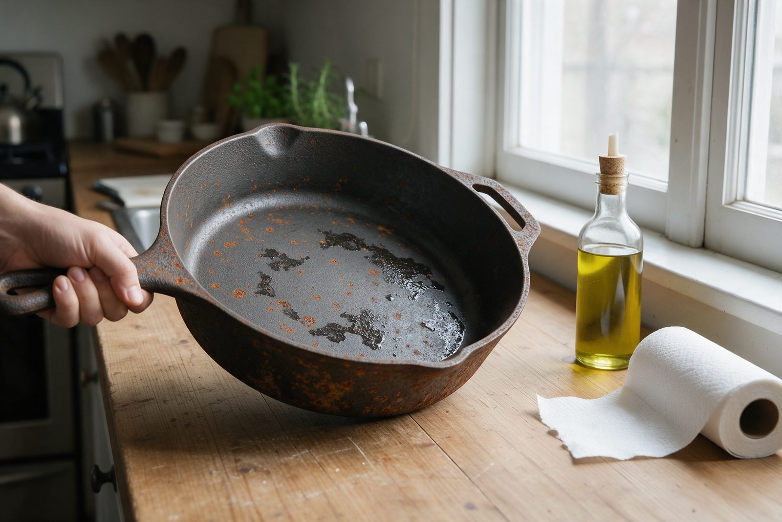 A heavy, rusty cast iron skillet