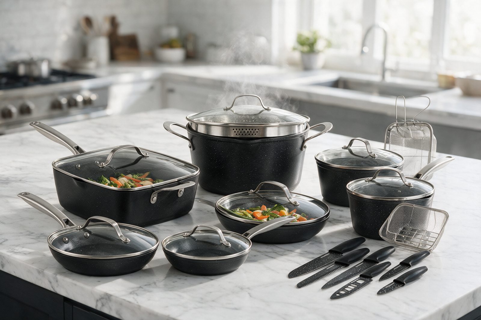 The Granitestone Armor Max cookware set on a kitchen island