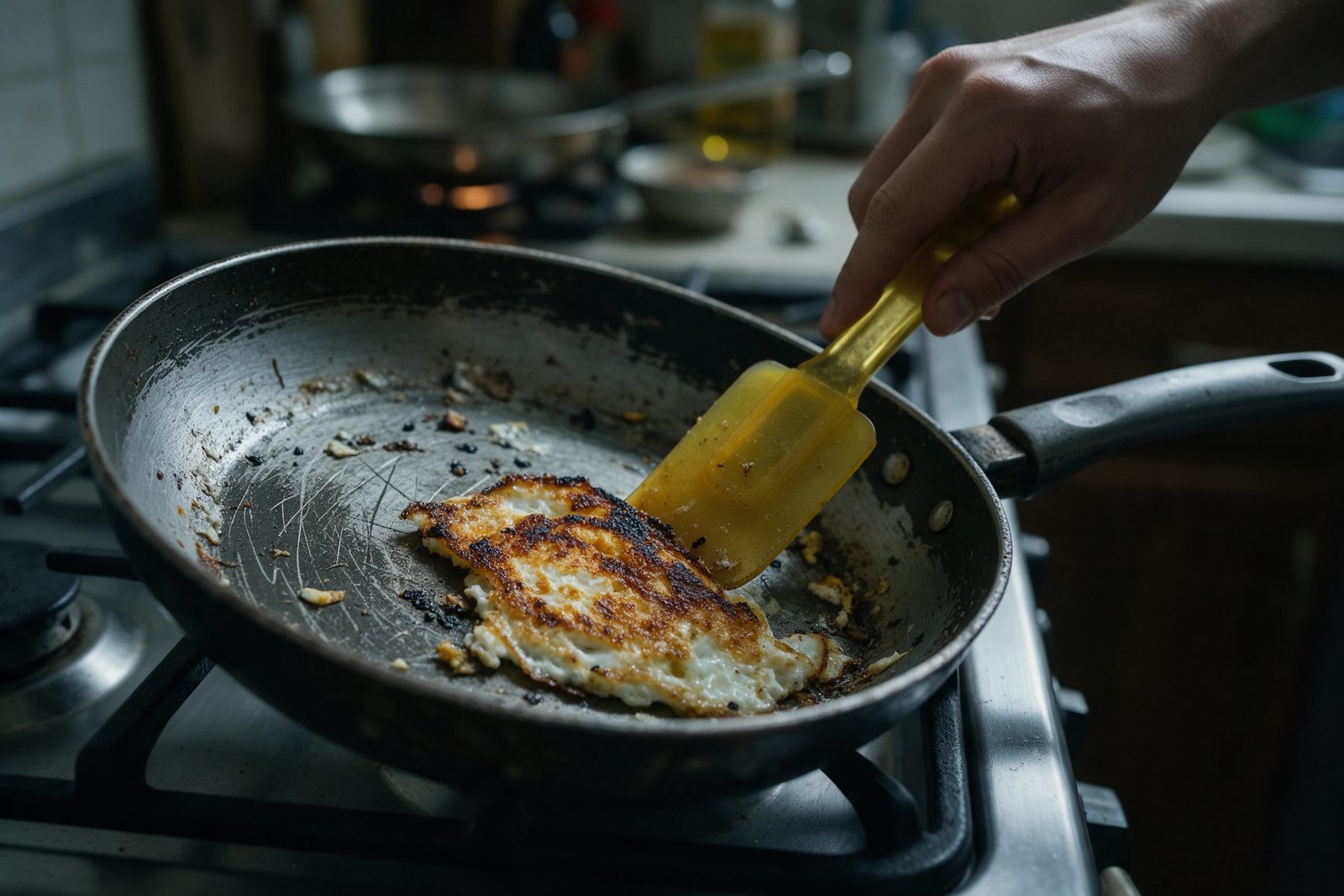 A scratched, worn nonstick pan with burnt egg stuck to it