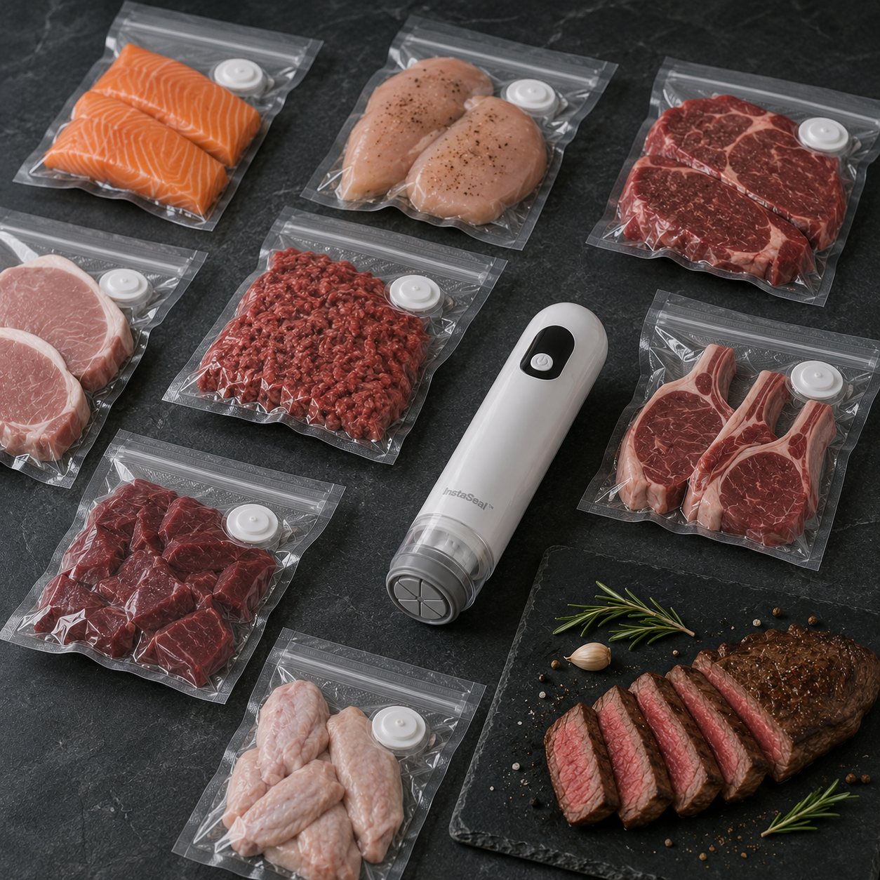 Bulk meat portions sealed in bags