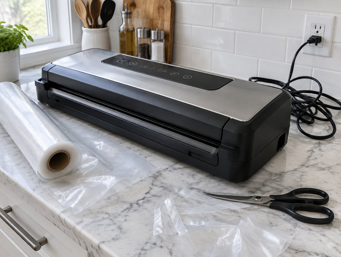 Bulky countertop vacuum sealer with a roll of plastic