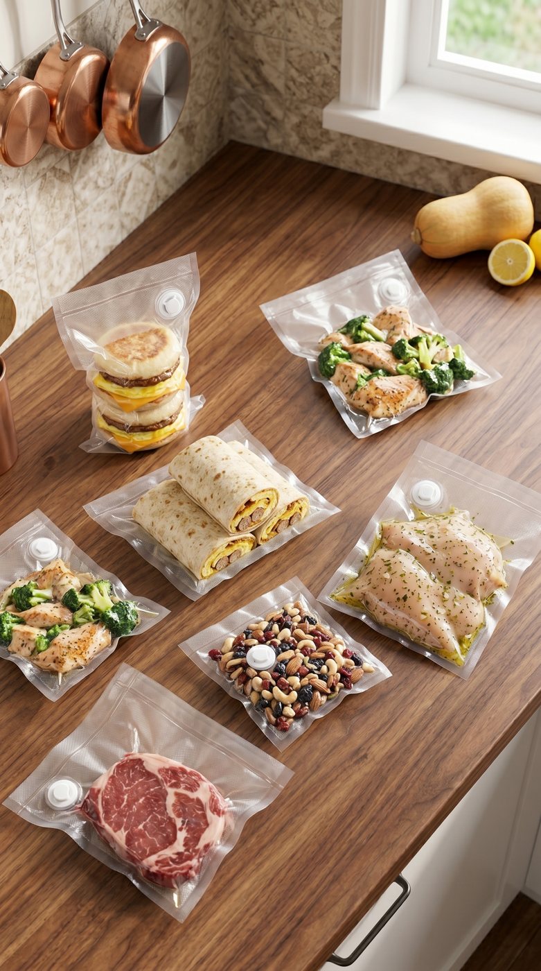 Prepped meals sealed in bags on a counter