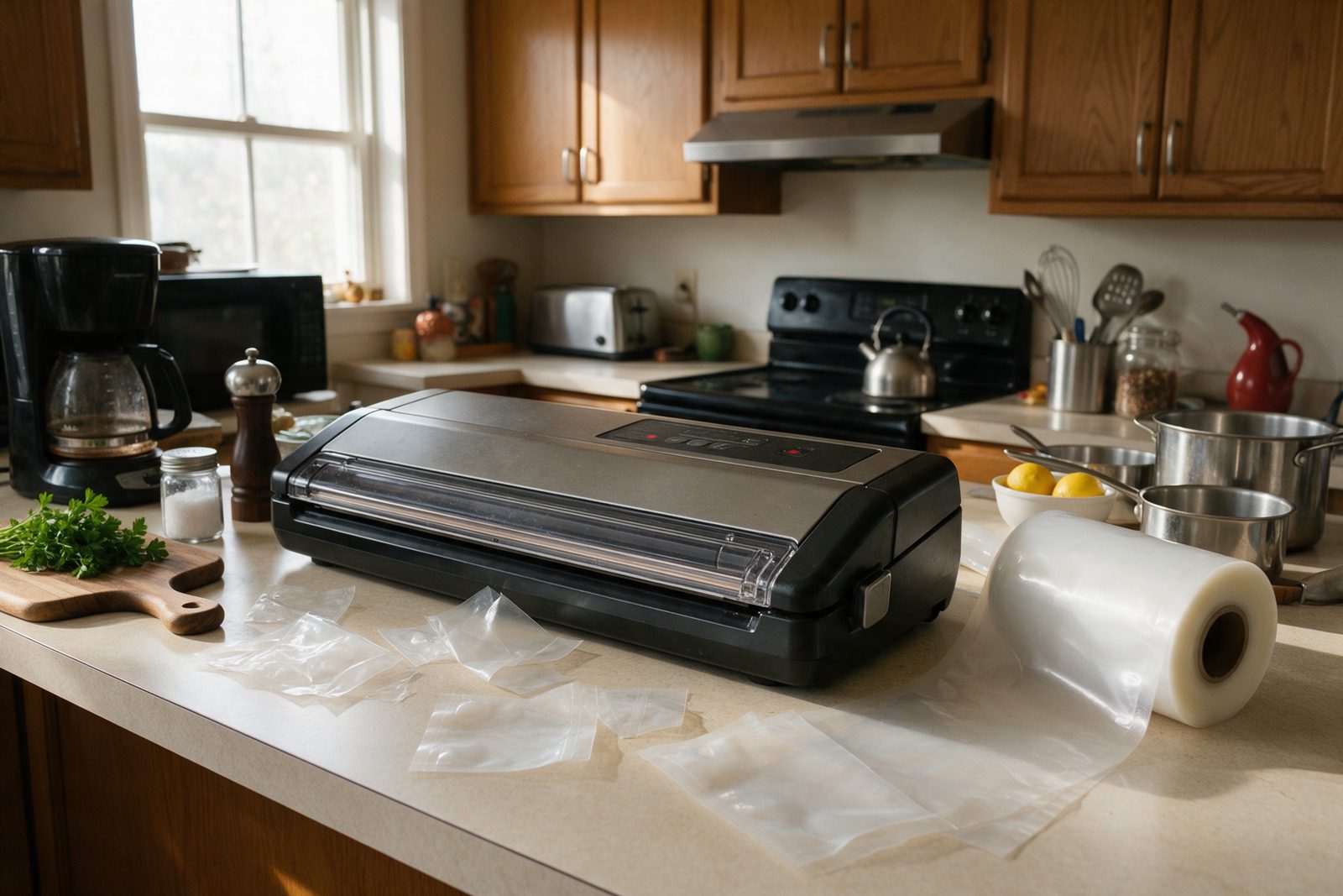 A bulky horizontal countertop vacuum sealer