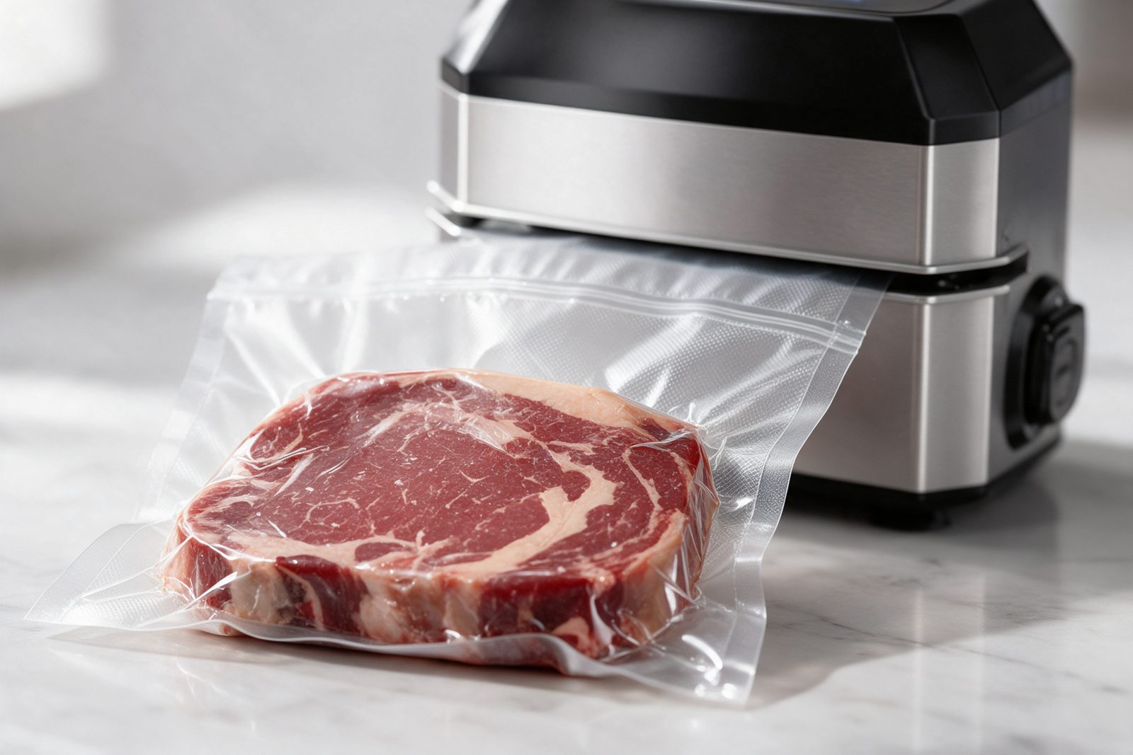 A vacuum-sealed steak with a double seal