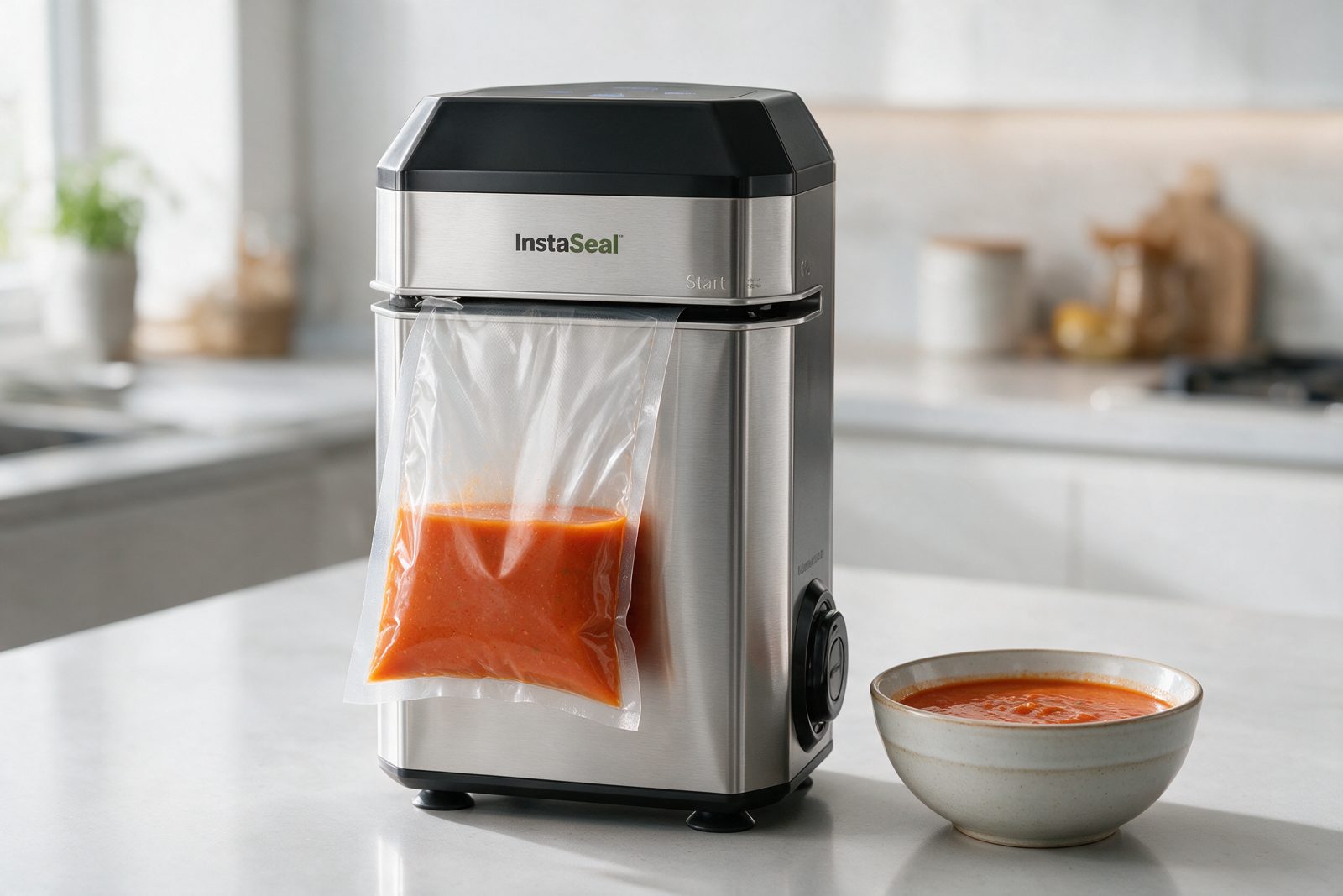 InstaSeal sealing a bag of soup upright