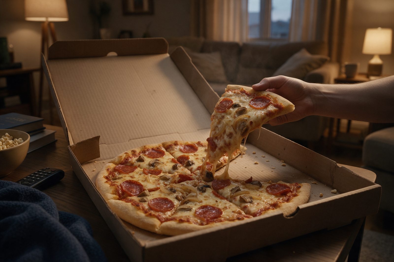 A soggy delivery pizza in its box