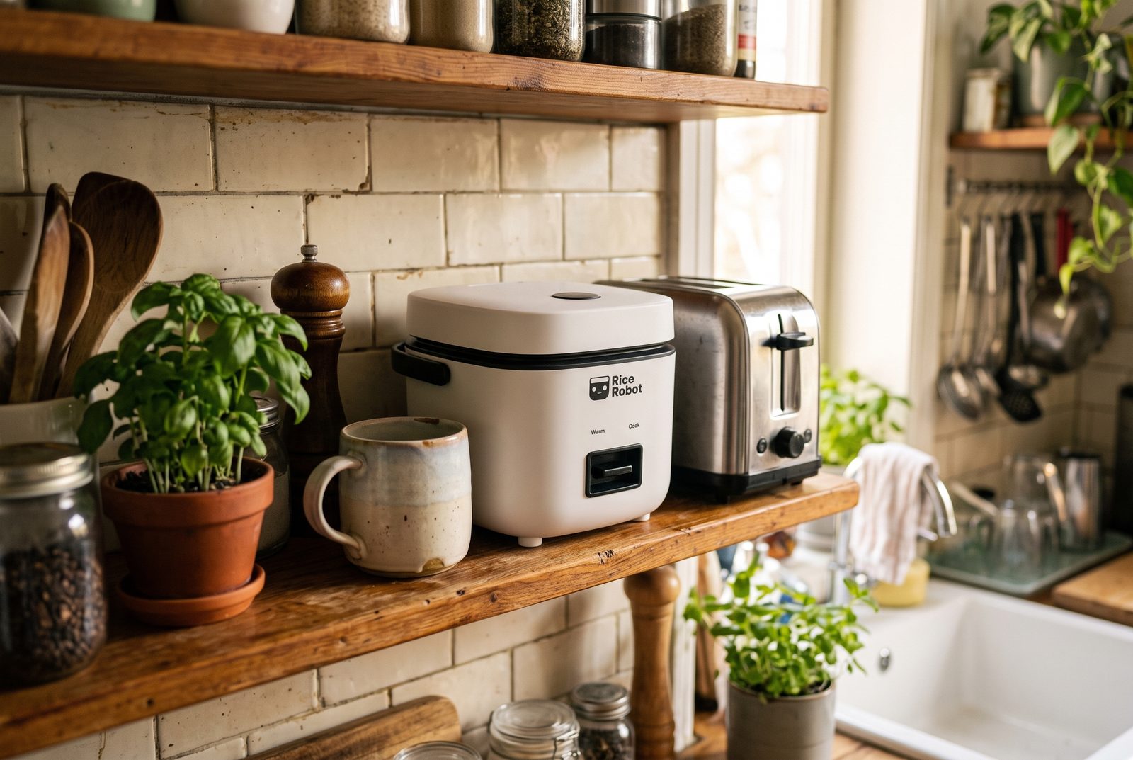 Compact appliances on a small kitchen shelf